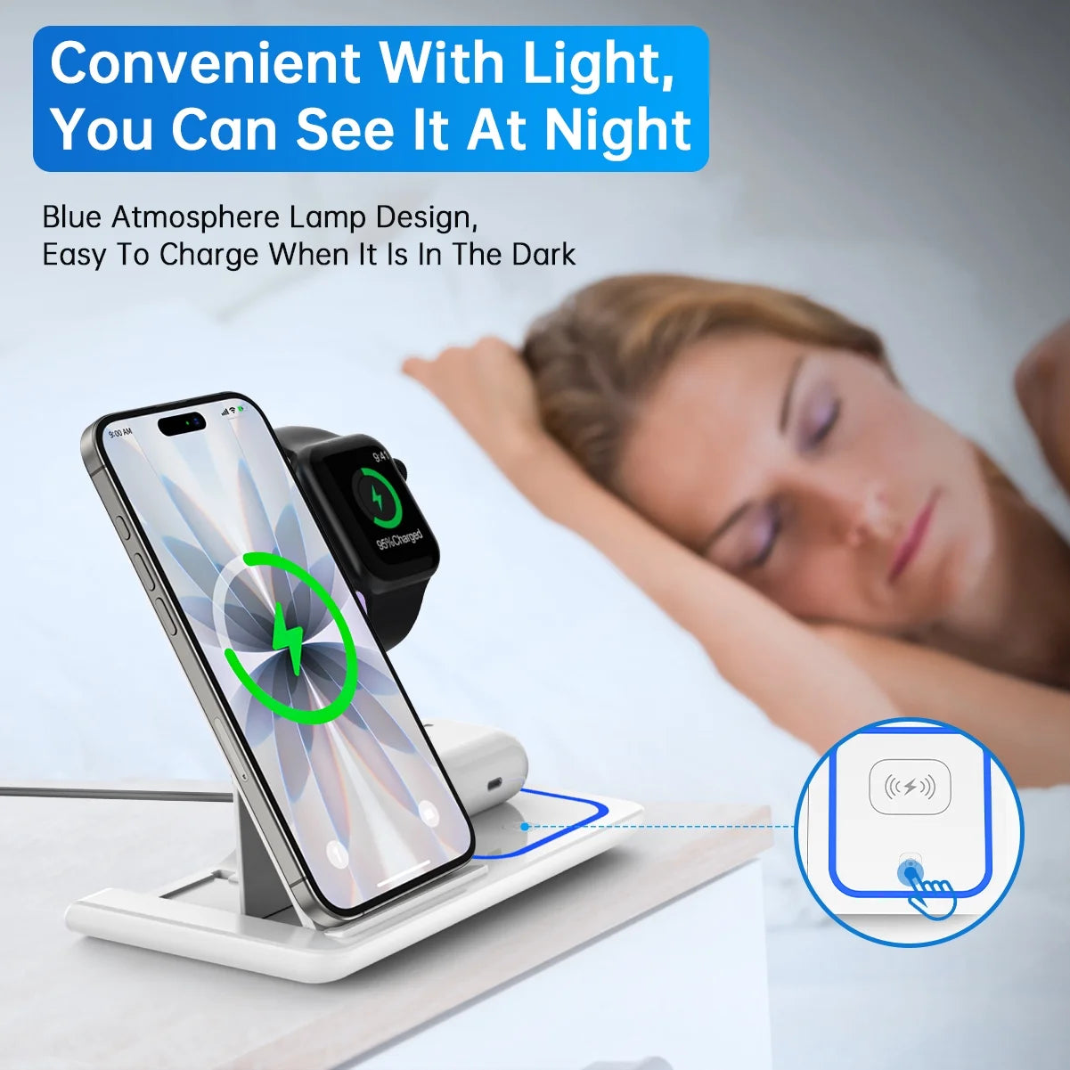 Wireless Charger, 3 in 1 Wireless Charging Station Dock with Breathing Indicator, Fast Charging Stand Compatible with Iphone 17/16/15/14/13/12/11 Pro Max/Xs, Iwatch 10/9/8/7/6/5/4, Airpods 4/3/2/Pro
