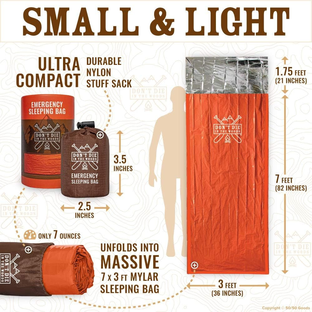 Don’T Die in the Woods – Emergency Sleeping Bag with Hood | Ultralight – Waterproof – Extra Thick – Space Blanket Thermal Mylar for Hiking Camping Survival Gear First Aid Kit Essentials