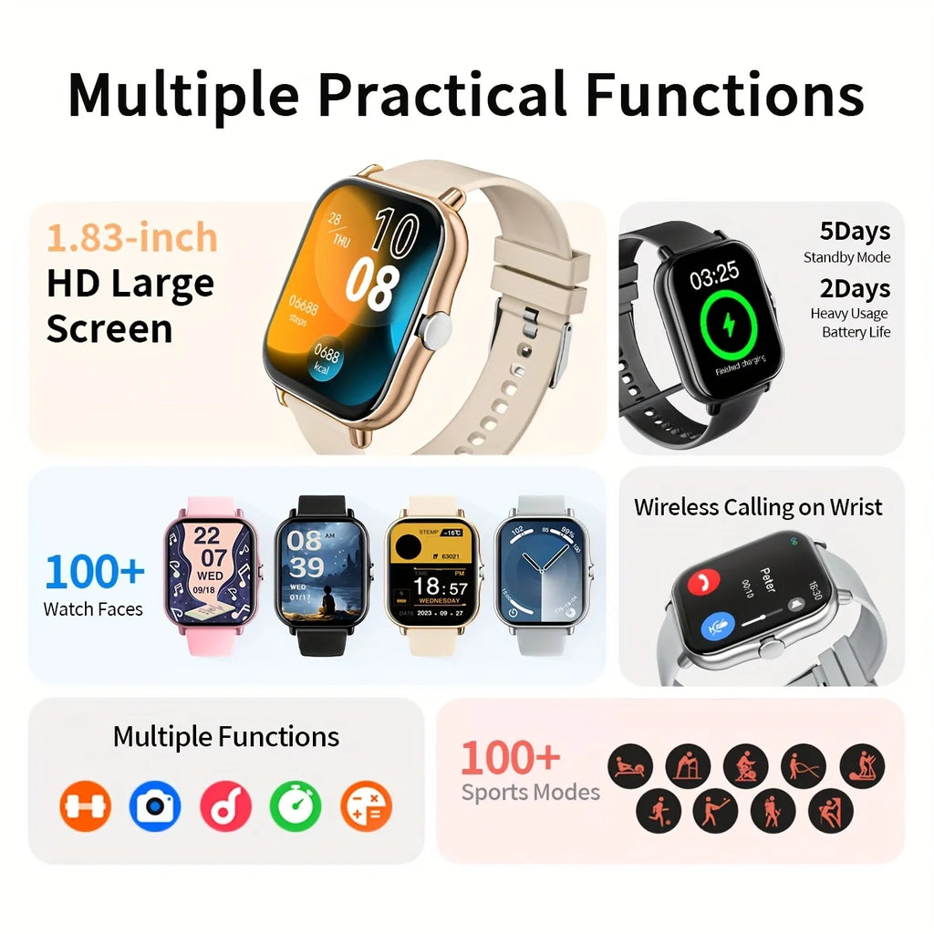 G.L Wear New Smartwatch 1.83-Inch HD Display Bluetooth Calling Heart Rate Activity Tracking Smartwatch Men Women Holiday Gift