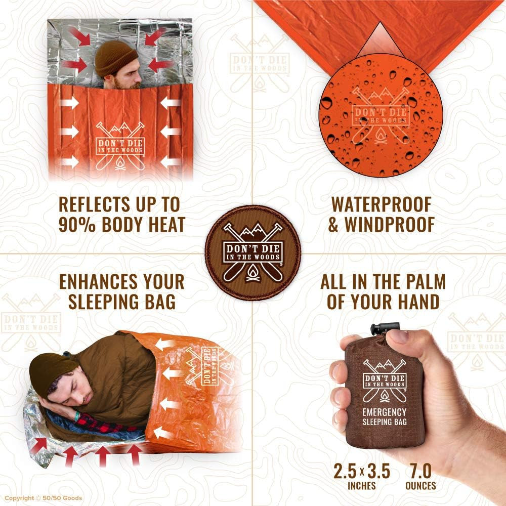 Don’T Die in the Woods – Emergency Sleeping Bag with Hood | Ultralight – Waterproof – Extra Thick – Space Blanket Thermal Mylar for Hiking Camping Survival Gear First Aid Kit Essentials