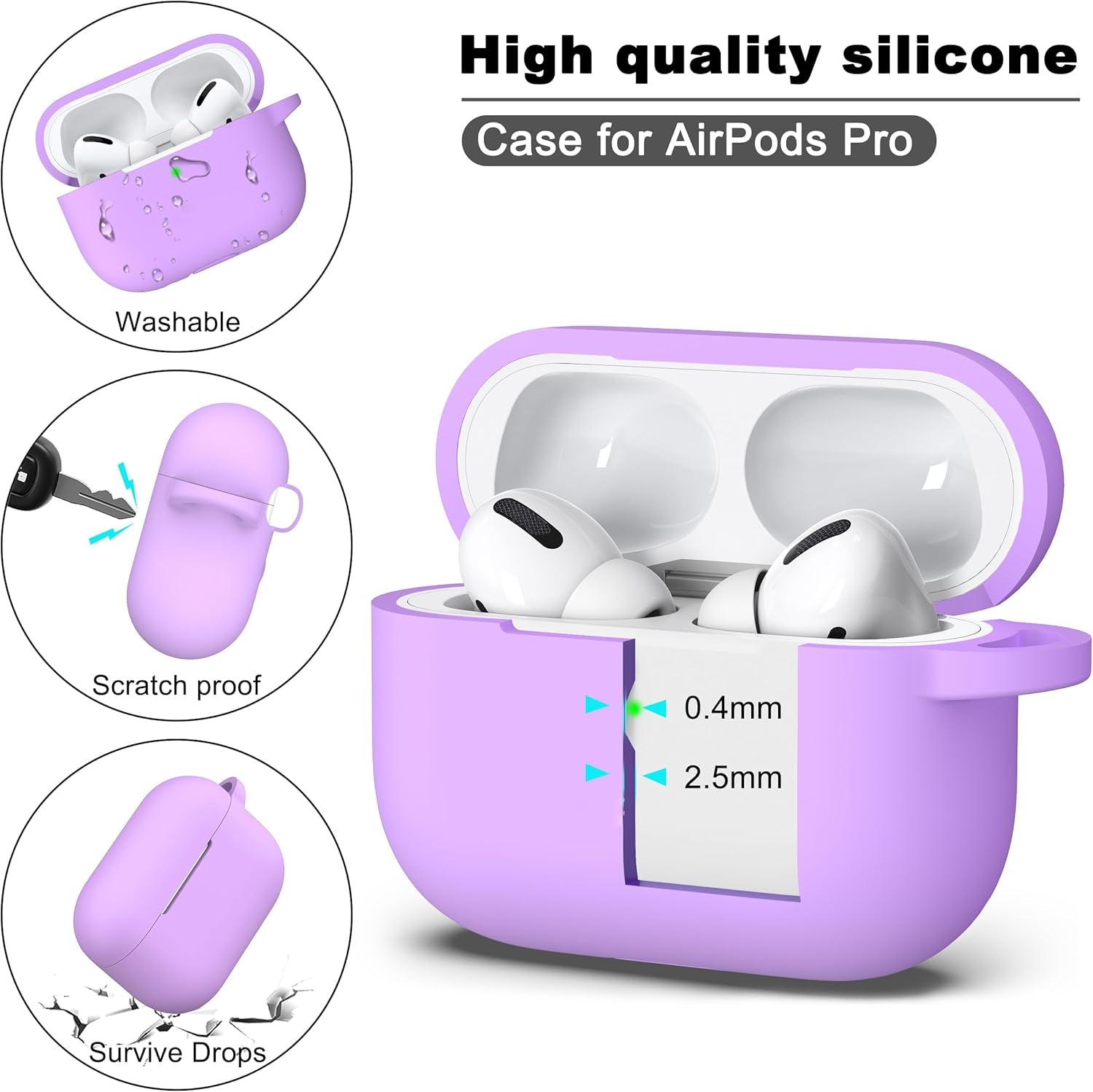 For Airpods Pro 2 Case, Soft Silicone Protective Cover with Keychain and Cleaning Pen, Compatible with Airpods Pro 2Nd/1St Generation, Supports Wireless Charging, Lavender