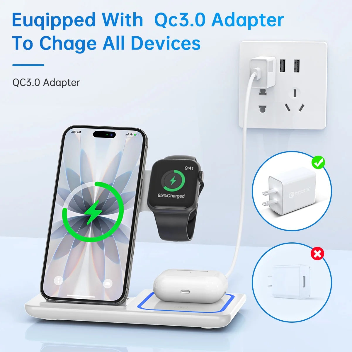 Wireless Charger, 3 in 1 Wireless Charging Station Dock with Breathing Indicator, Fast Charging Stand Compatible with Iphone 17/16/15/14/13/12/11 Pro Max/Xs, Iwatch 10/9/8/7/6/5/4, Airpods 4/3/2/Pro