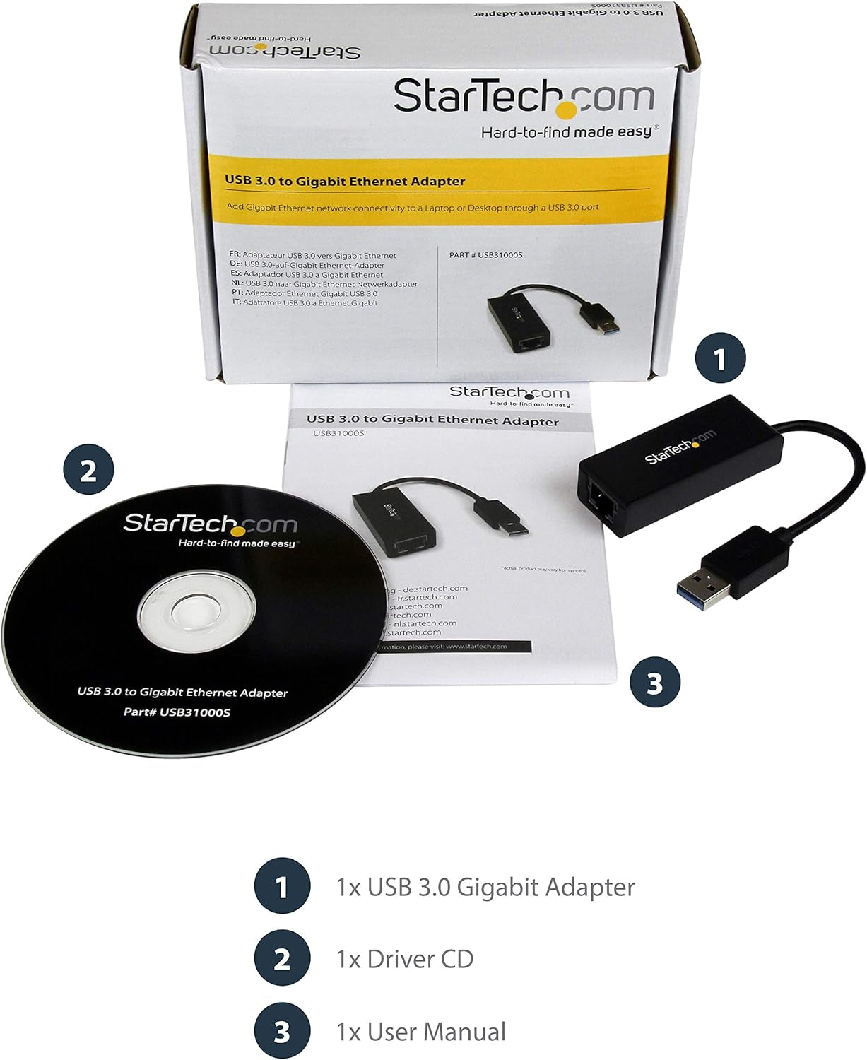 Startech USB 3.0 to Gigabit Ethernet Adapter, USB to RJ45, TAA (USB31000S) | USB 3.0 to 10/100/1000 Gigabit Ethernet LAN Adapter