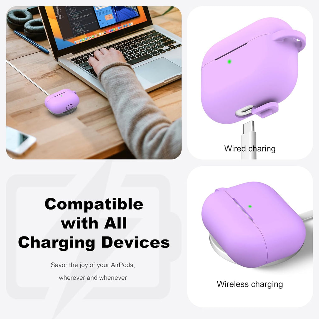 For Airpods Pro 2 Case, Soft Silicone Protective Cover with Keychain and Cleaning Pen, Compatible with Airpods Pro 2Nd/1St Generation, Supports Wireless Charging, Lavender