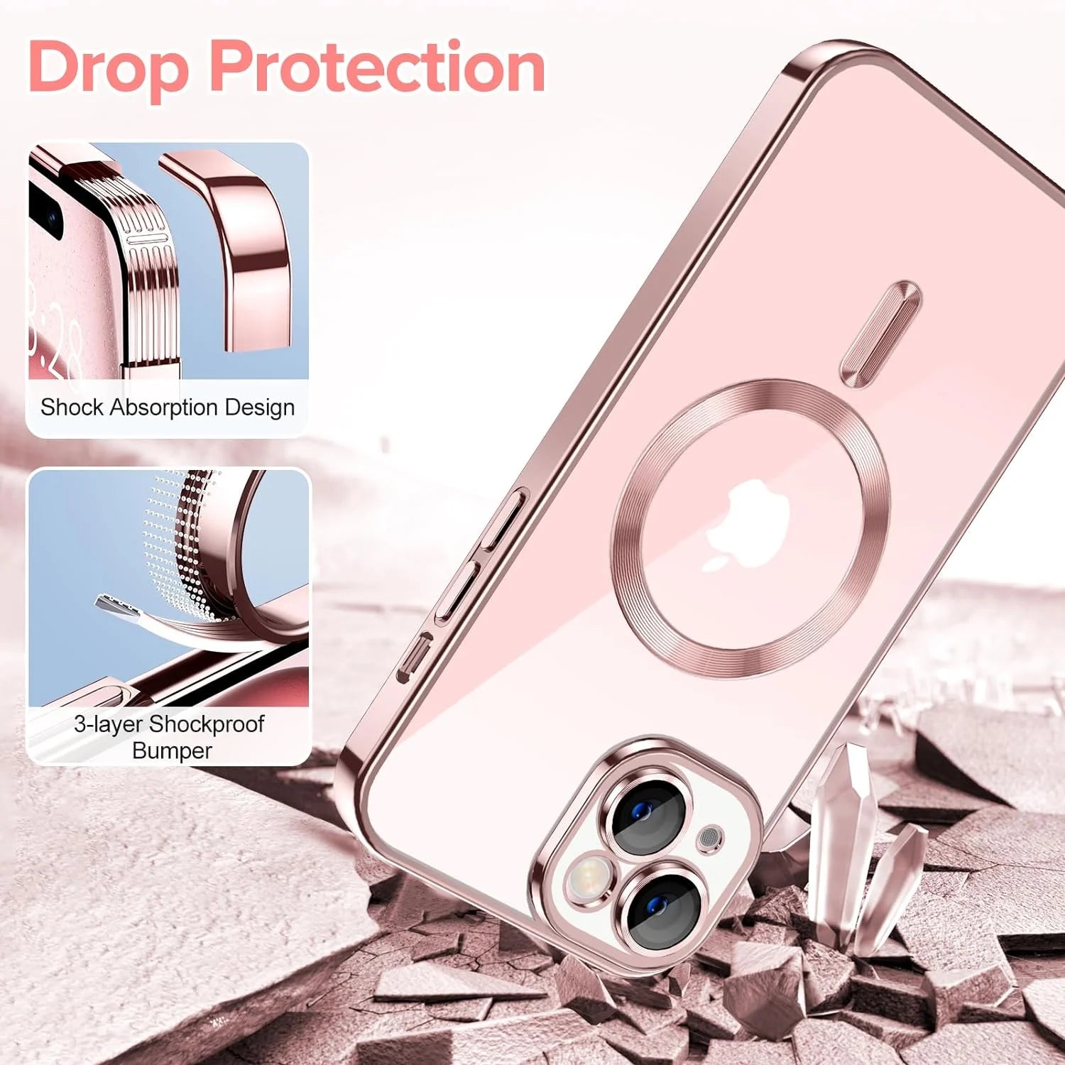 Magnetic Clear Case Compatible with Iphone 15, Flexible Fashion Cover, Rose