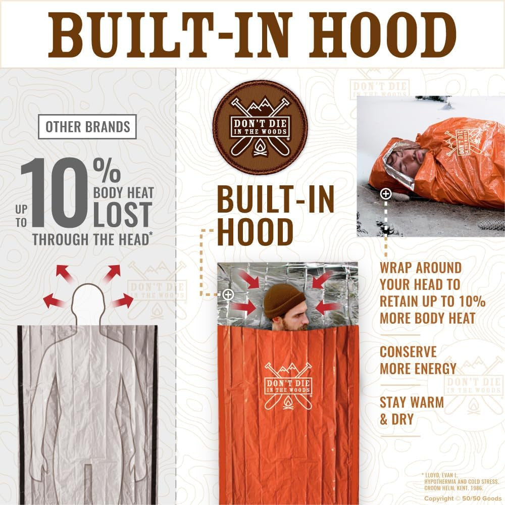 Don’T Die in the Woods – Emergency Sleeping Bag with Hood | Ultralight – Waterproof – Extra Thick – Space Blanket Thermal Mylar for Hiking Camping Survival Gear First Aid Kit Essentials
